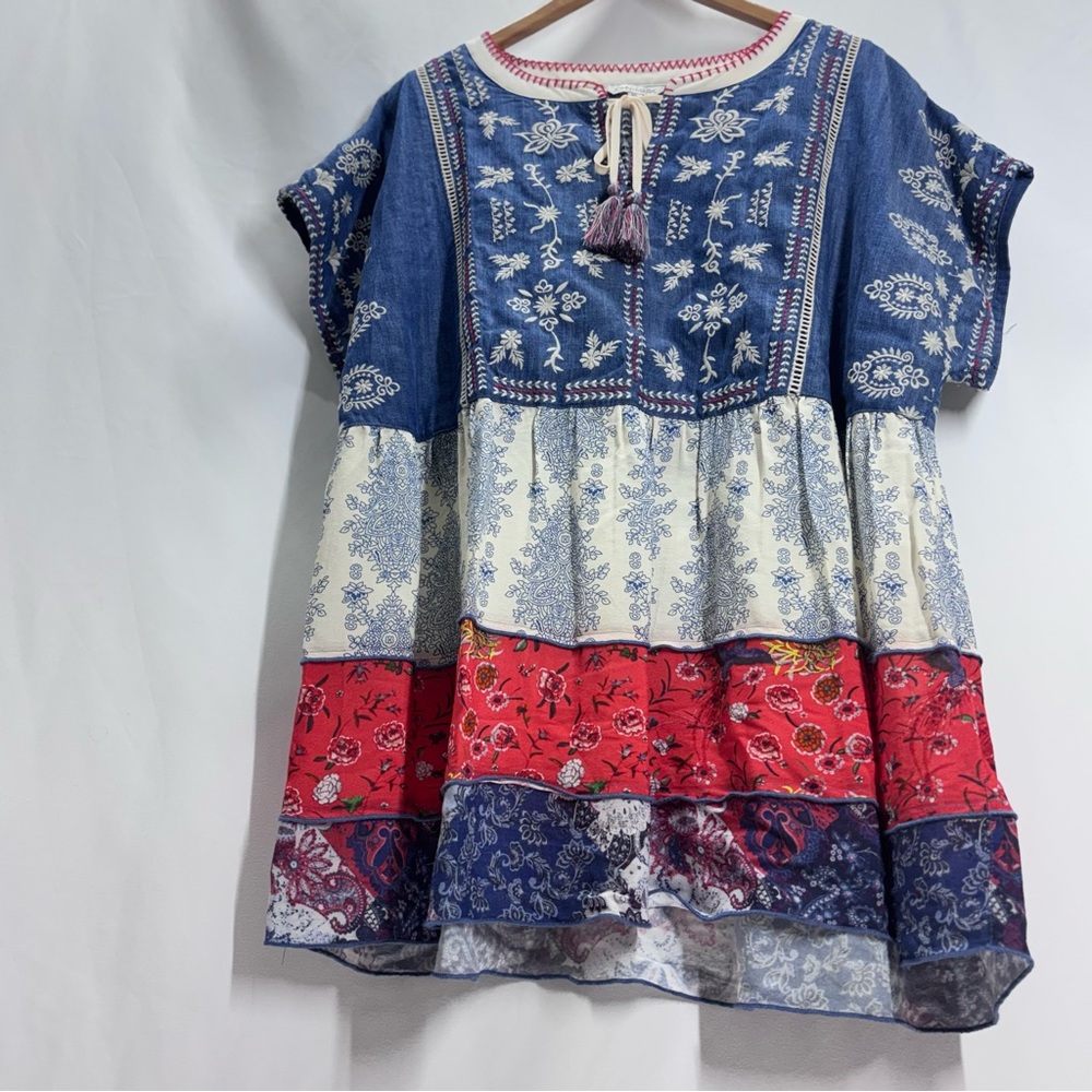 John Mark Embroidered Peasant Top Blue Red Loose Fit Dopamine Cotton XL - Picture 5 of 12